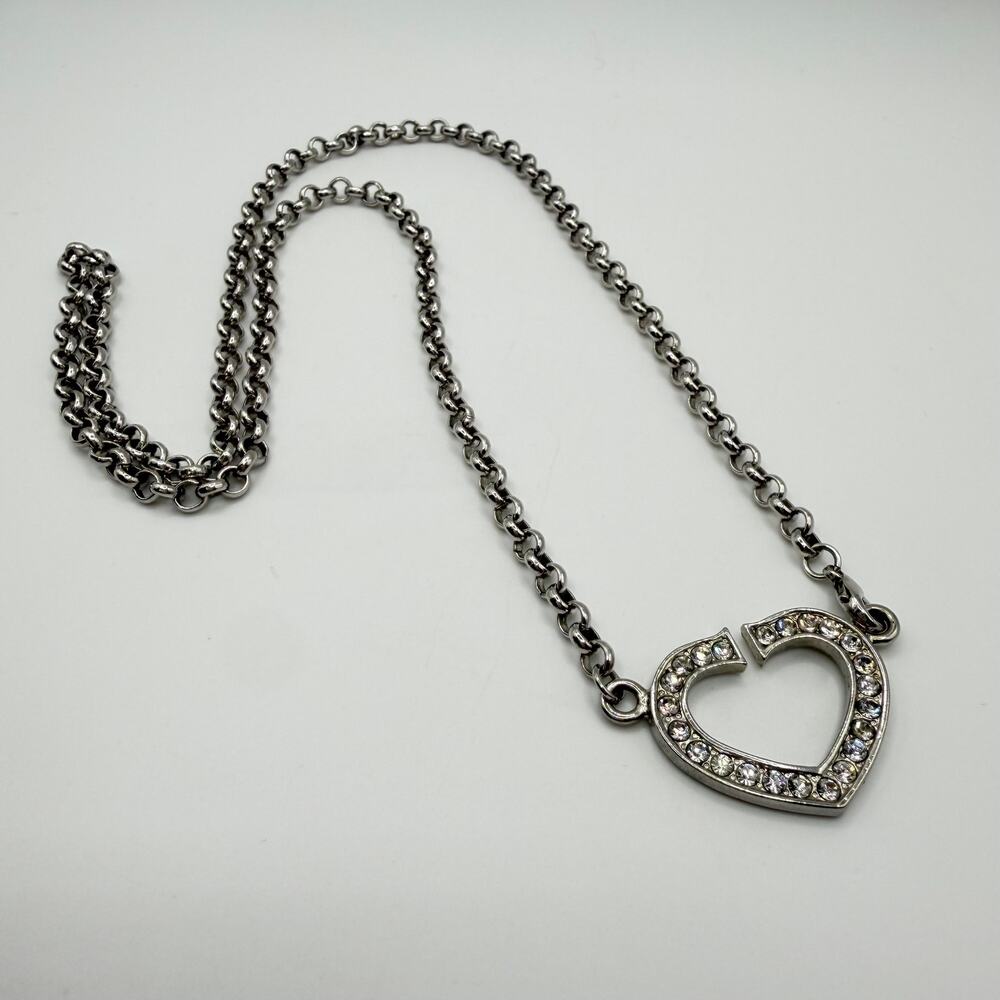 Crystal Open Heart Necklace 11" Silver Rolo Chain Y2K Rhinestone Heart Choker - Picture 5 of 5